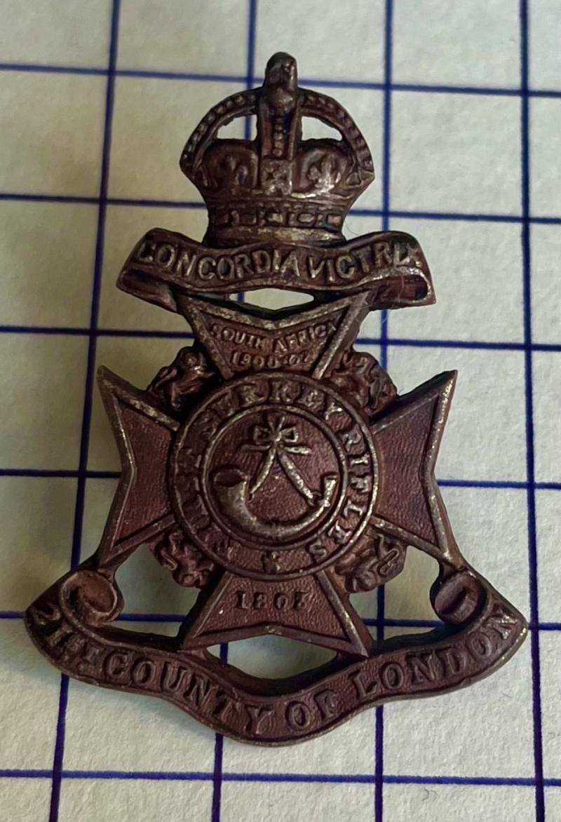 c1908-35 The 21st County of London Regiment (First Surrey Rifles) Officers OSD Bronze Collar Badge