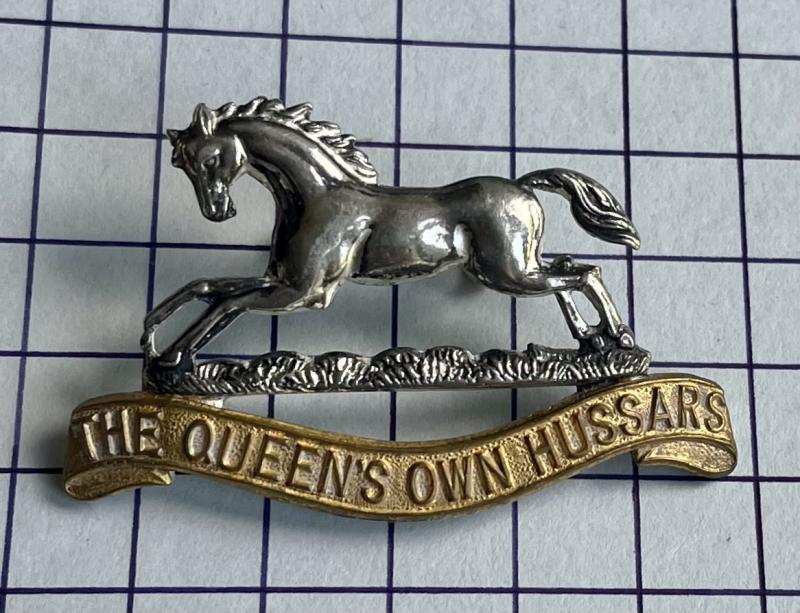 c1958-93 The Queen's Own Hussars Officer's Pattern Silver Plate & Gilt Cap Badge