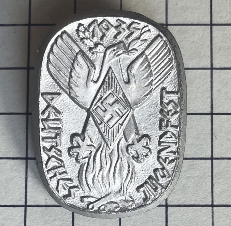 WWII German Hitler Youth (HJ) 1935 Youth Festival Badge (Jugendfest Abzeichen) Tinnie Day Pin Badge