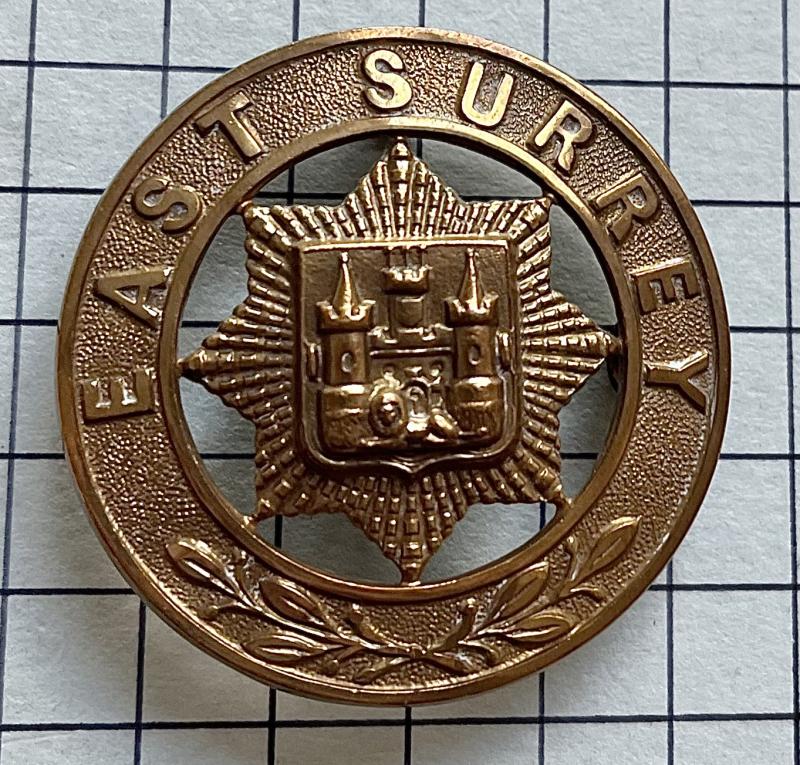 East Surrey Regiment Helmet Plate Centre (HPC) Other Ranks Brass Cap Badge