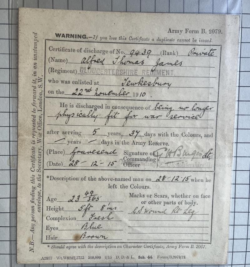 cWW1 Gloucestershire Regiment Discharge Certificate Pte James Tewkesbury