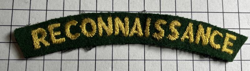 cWW2 Large Reconnaissance Corps (Recce) Sans-Serif Cloth Shoulder Title Badge Patch
