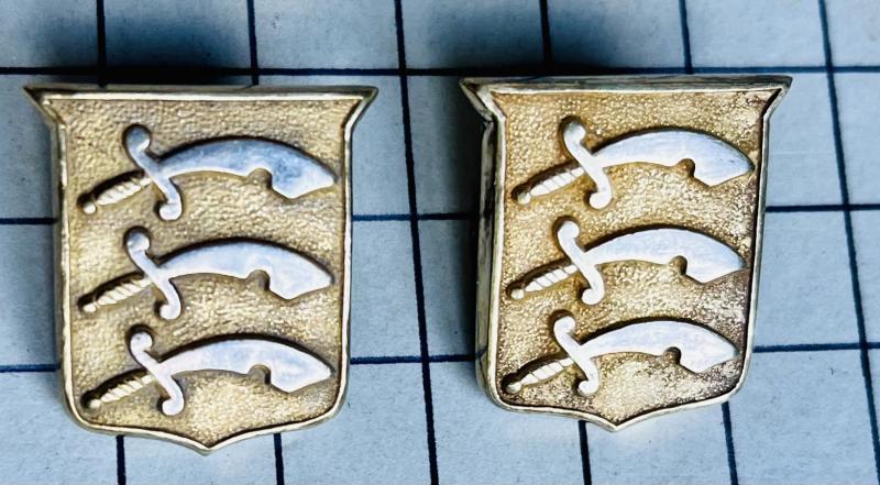 Pair of Essex Regiment Officer's Shield Pattern Silver and Gilt Collar Badges