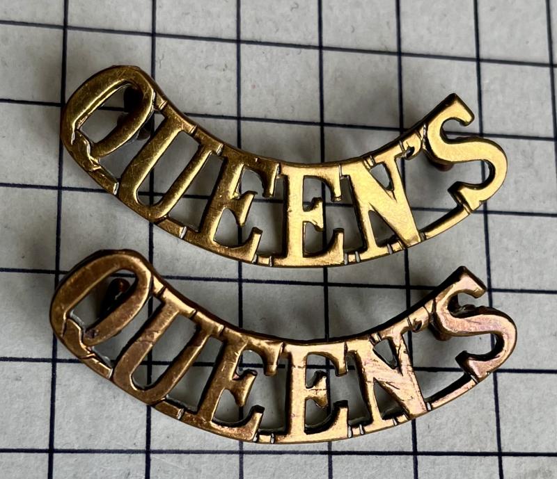 Pair of Queens (Royal West Surrey Regiment) Brass Shoulder Title Badges