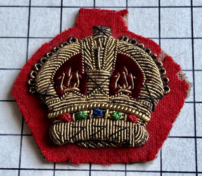 cWW2 Wire Embroidered Warrant Officer Class 2 (WO2) CSM SSM Crown Rank Dress Badge