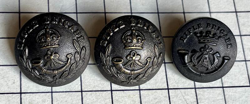 c1902-39, 2 x Large Rifle Brigade Officer Pattern Buttons KC Blackened & 1 Post '39