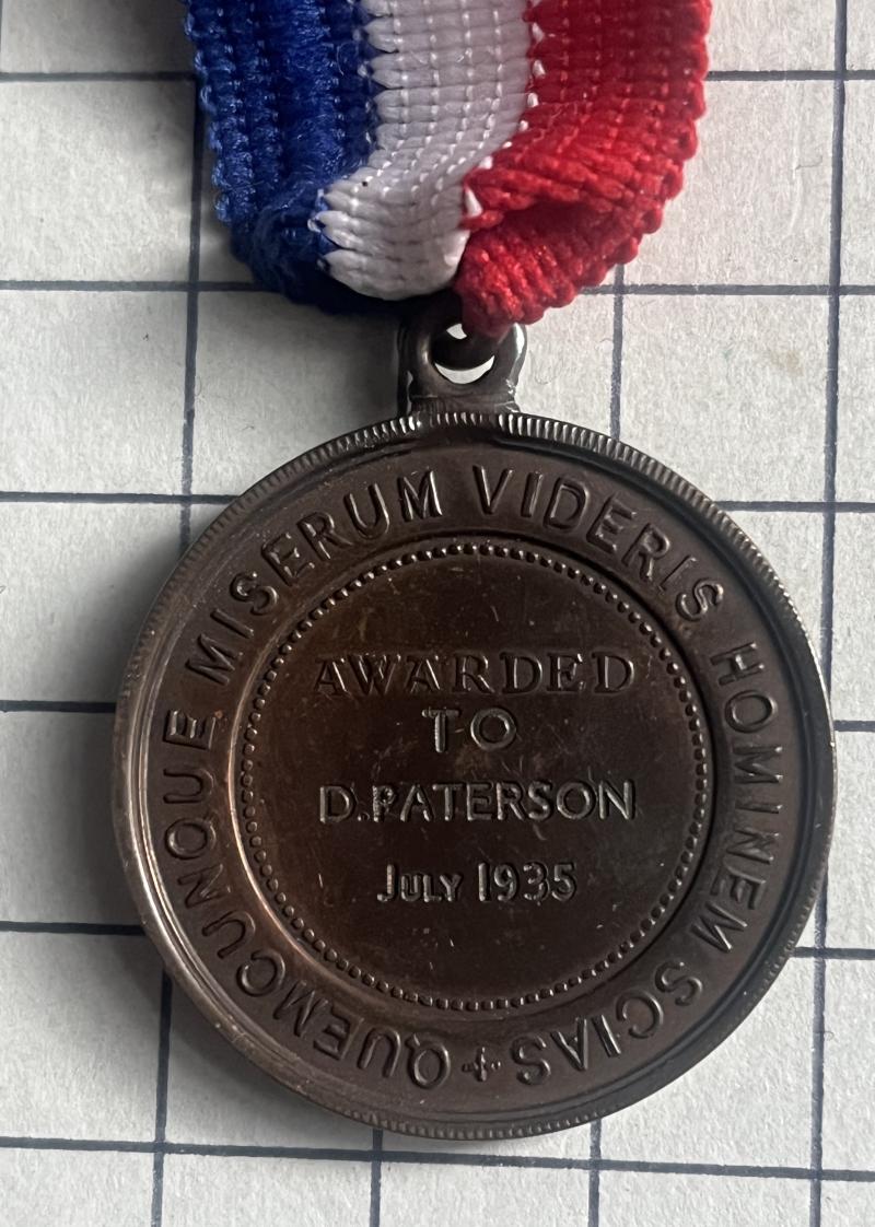 c1935 Bronze Medal Royal Life Saving Society (RLSS) to D. PATERSON