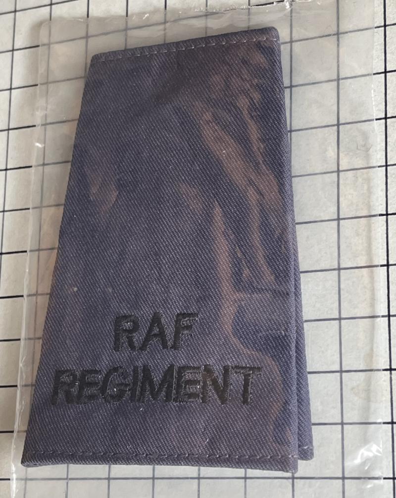 Pair of Royal Air Force (RAF) Regiment Blue Shoulder Title Slip-On Badges