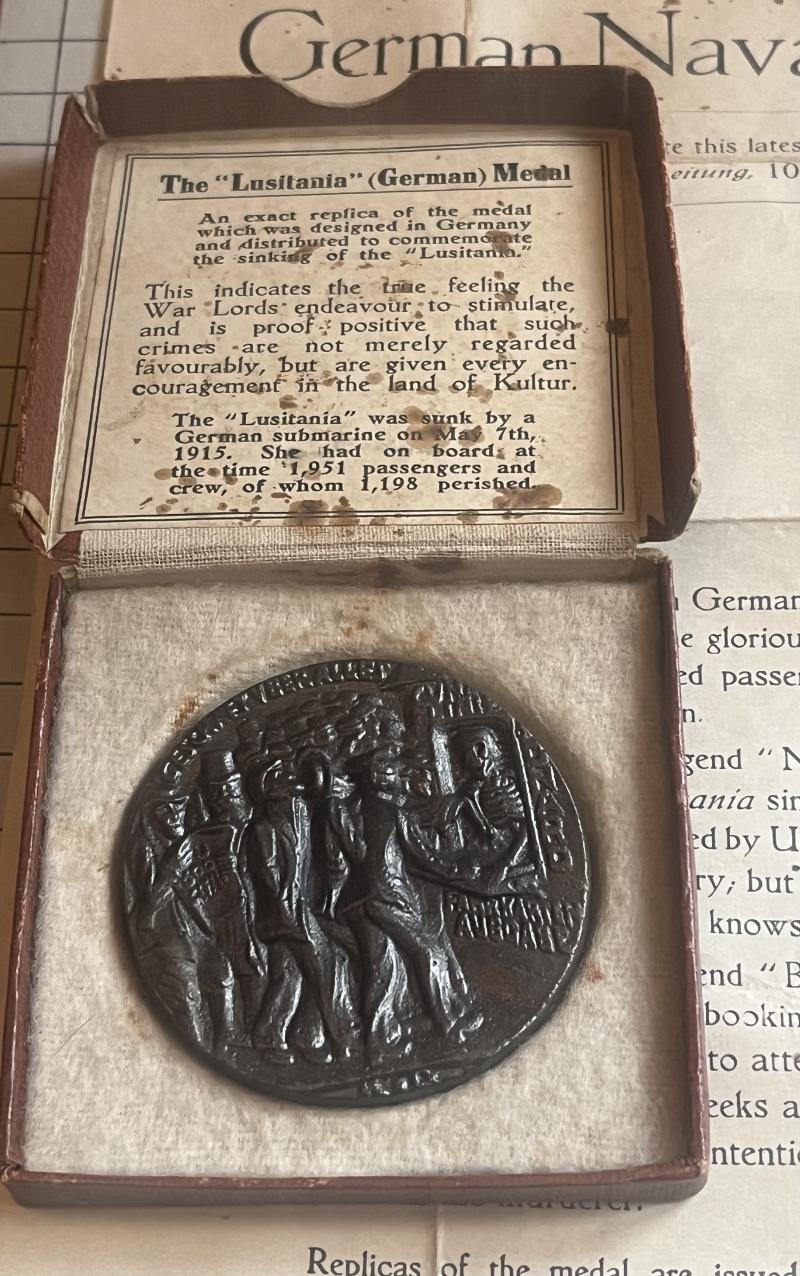 cWW1 RMS Lusitania Medal Boxed with Certificate Complete