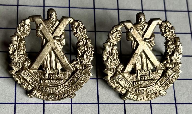 Canadian Cameron Highlanders of Ottawa (M.G.) Pair of Collar Badges