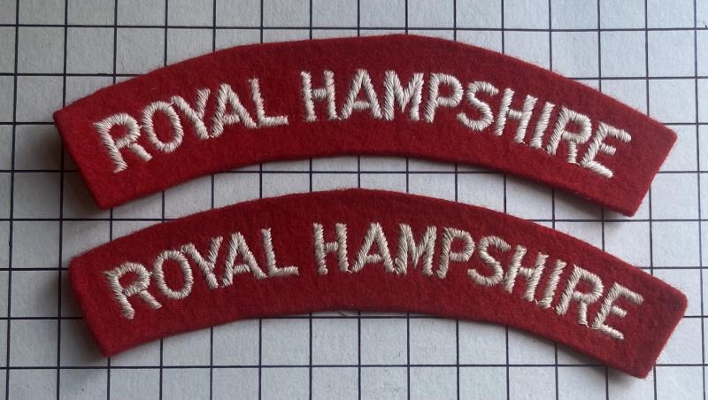 c1950-52 Pair of Royal Hampshire Regiment Paste Backed Shoulder Title Patch Badges