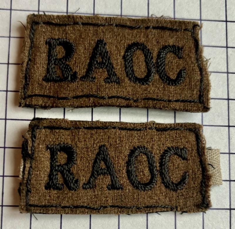 cWW2 Royal Army Ordnance Corps (RAOC) Slip-On Shoulder Title Tabs