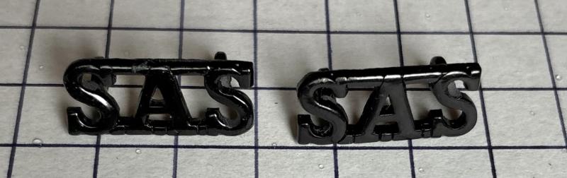 c1950s-70s Lugs Version Special Air Service (SAS) Blackened Pair of Anodised Aluminium Metal Shoulder Title Badges