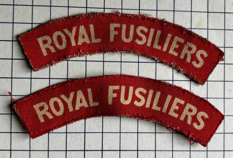 cWW2 Printed Royal Fusiliers (RF) Regiment Pair of Printed Shoulder Title Badges