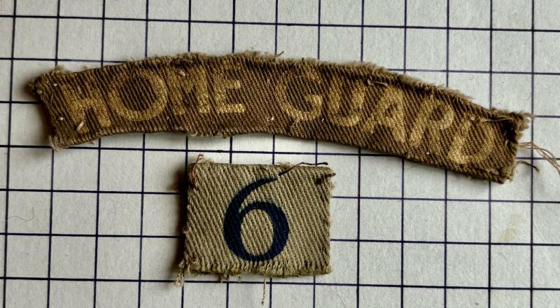 cWW2 Printed Home Guard (HG) '6' or '9' Numeral Unit Designation Patch Badge & Shoulder Title