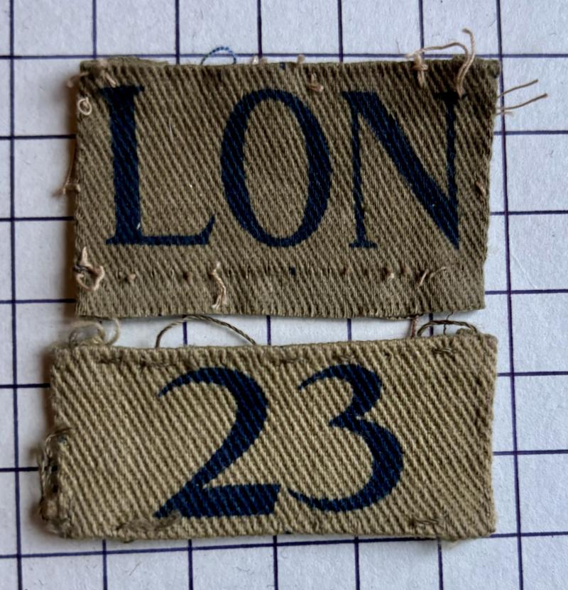 cWW2 Printed Home Guard London '23' (23rd Bn Deptford) Numeral Unit Designation Patch Badges