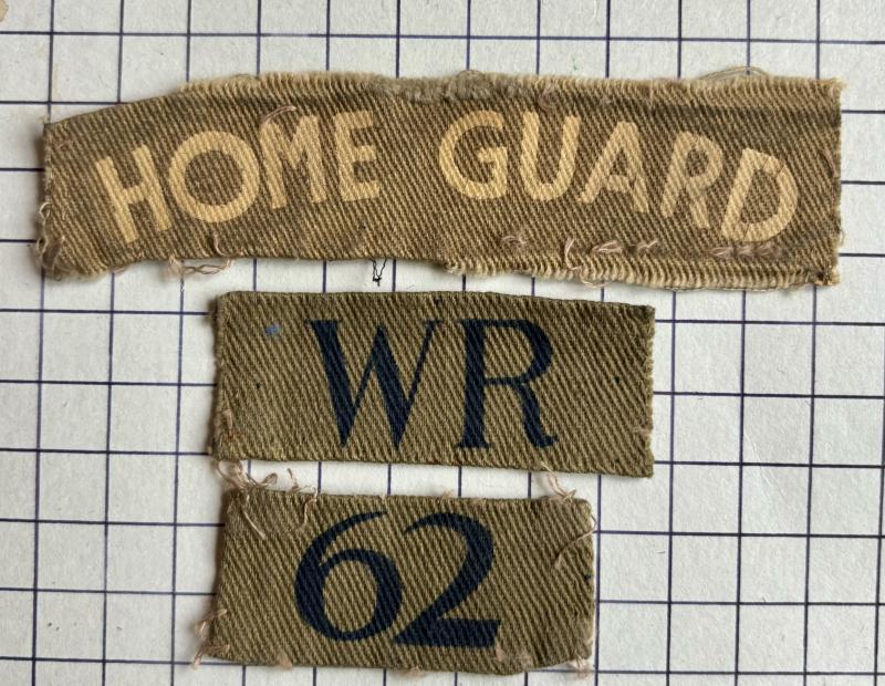 cWW2 Printed Home Guard West Riding '62' (62nd Bn Rotherham) Number Unit Designation Patch and Shoulder Title Badges