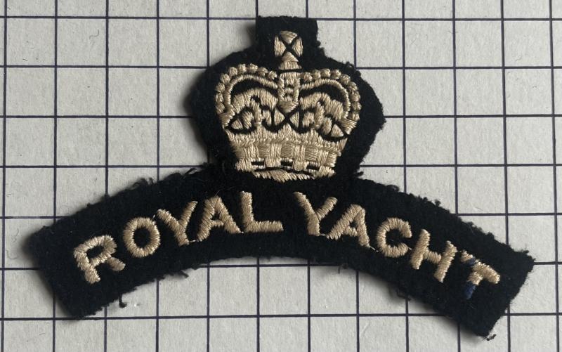 Royal Yacht Royal Navy / Marines Shoulder Title White on Navy Blue with Queen Elizabeth's Crown Badge